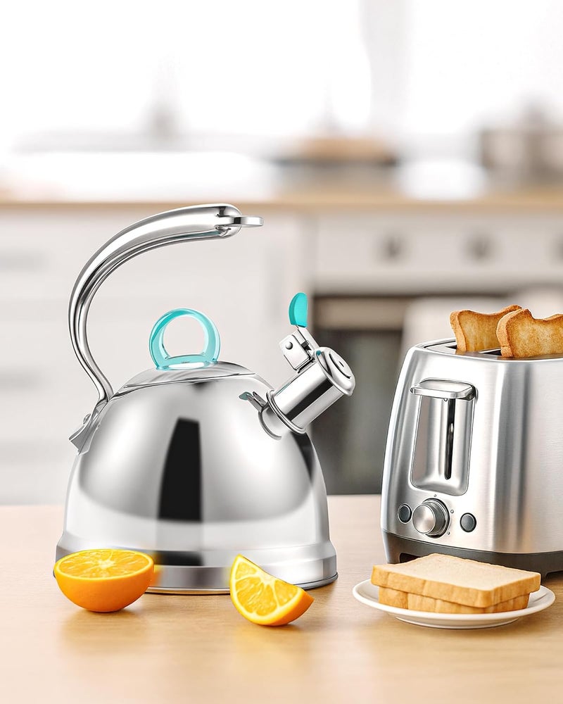 harriet Tea Kettle Stovetop, 2.5 Quart Whistling Stainless Steel Tea Pot, 3-Layer Base, Unique Ergonomic Handle, Includes Pot Holder & Mat, Electric/Induction/Gas Stovetops Applicable, Mirror Finish - Image 3
